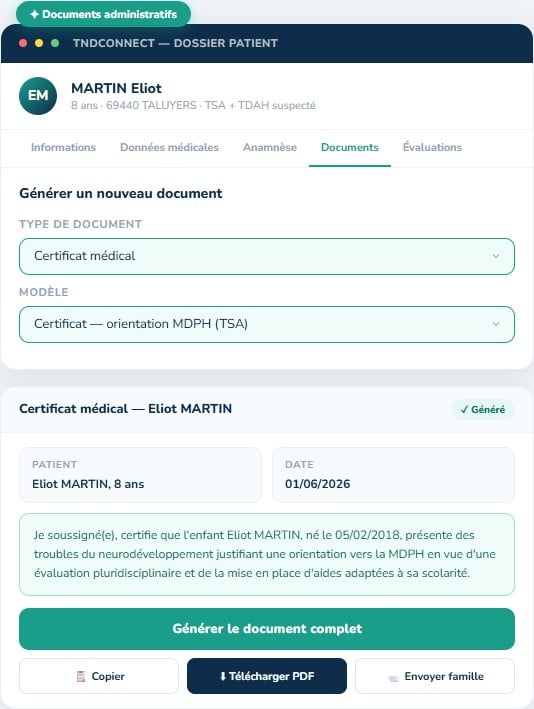Capture d'écran de l'application TNDConnect montrant la génération d'un document administratif